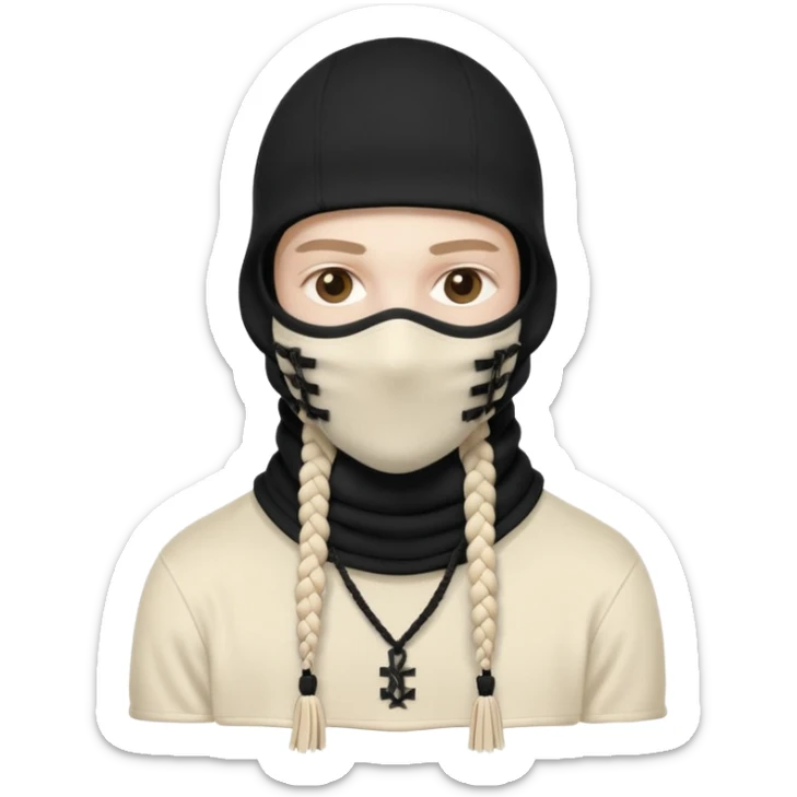 Ultra-detailed studio shot of a post-apocalyptic off-white balaclava — deconstructed, frayed, layered, with braided rope tassels and subtle embroidery. Minimalist white background, soft lighting, sharp focus. High-fashion streetwear aesthetic. The face of a person in a mask should not be visible sticker