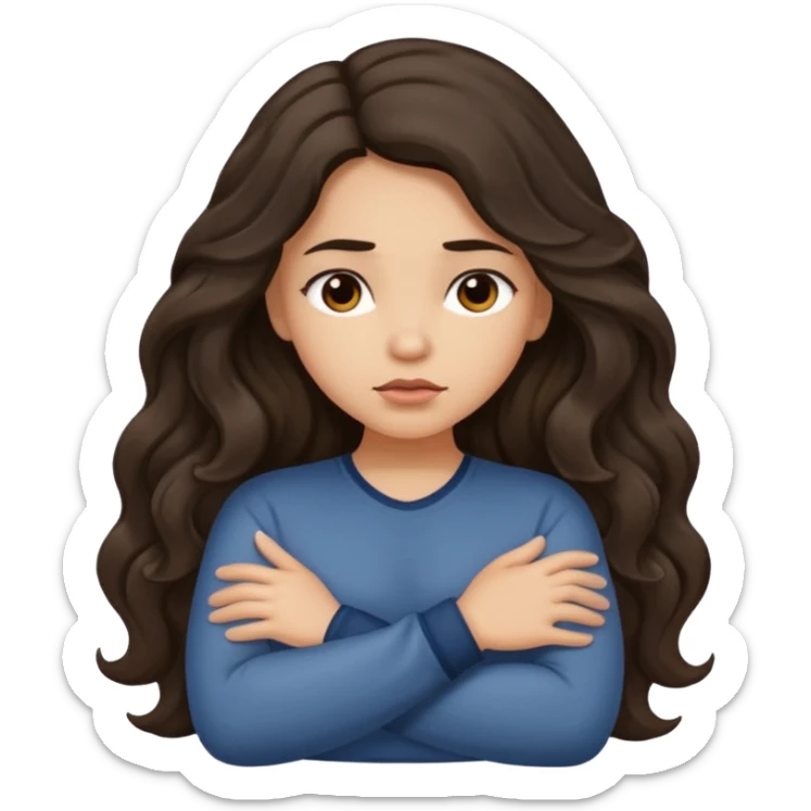 Hispanic light tan girl with long dark wavy hair crossing her arms under arm pit and slightly pouting sticker