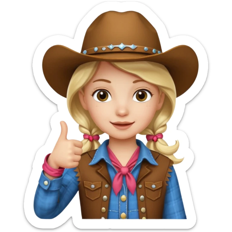 little girl dressed as a cowgirl giving a thumbs up sticker