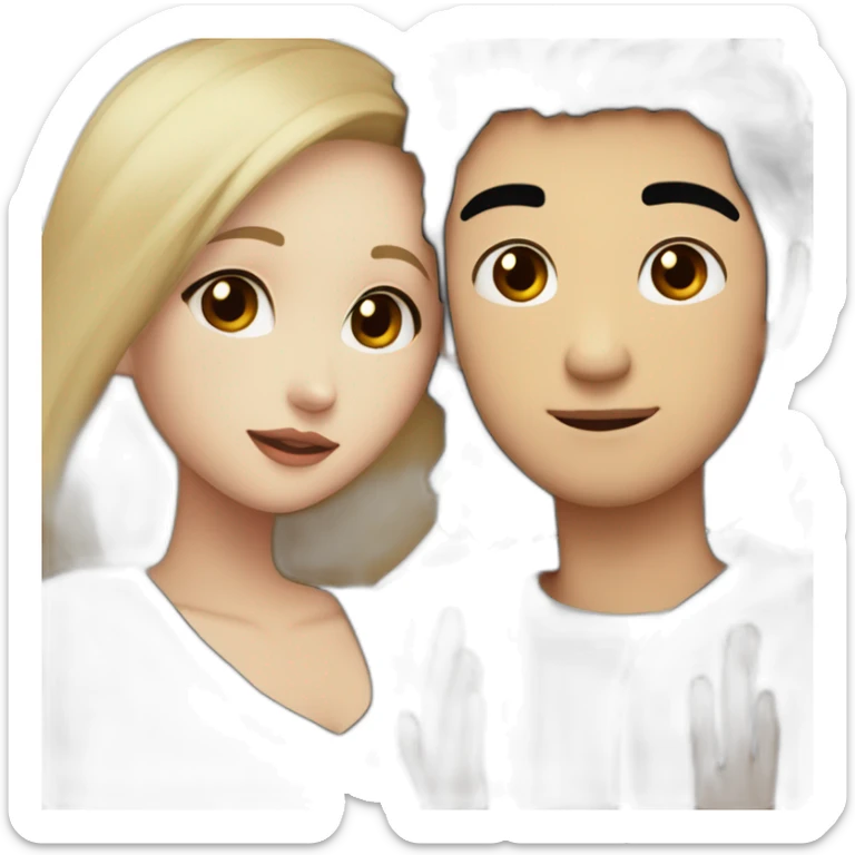 Blonde girl with brown eyes in black sweater and asian man with black hair and white skin hugging sticker