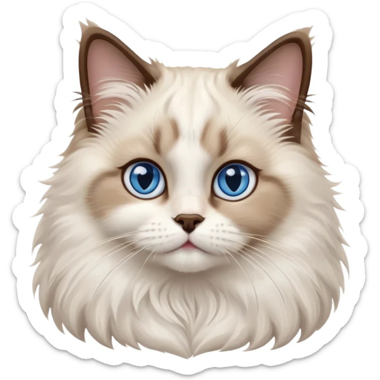 cinematic-adorable-big-eyed-fluffy-ragdoll-cat-portrait-emoji,-head-tilted-playfully-with-a-sweet-expression,-fluffy-white and brown-fur,-simplified-yet-irresistibly-cute-features-with-large,-expression, blue eyed ragdoll cat sticker