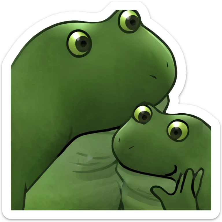 black bald man kissing white woman with short dark hair, bufo frog meme style sticker