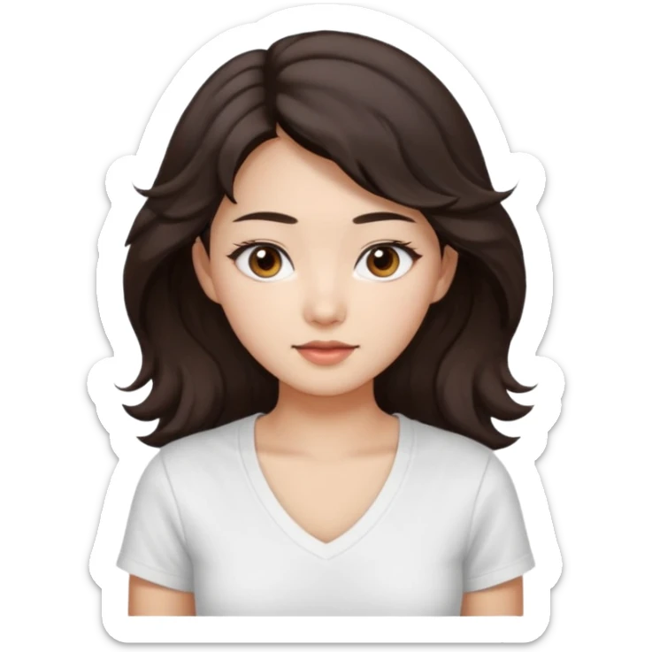 iOS style emoji. A girl with very long dark brown wavy hair. And the eyes color is dark brown. And she is wearing white t shirt with V kneck. And she is 30. She is Asian with double eyelids  sticker