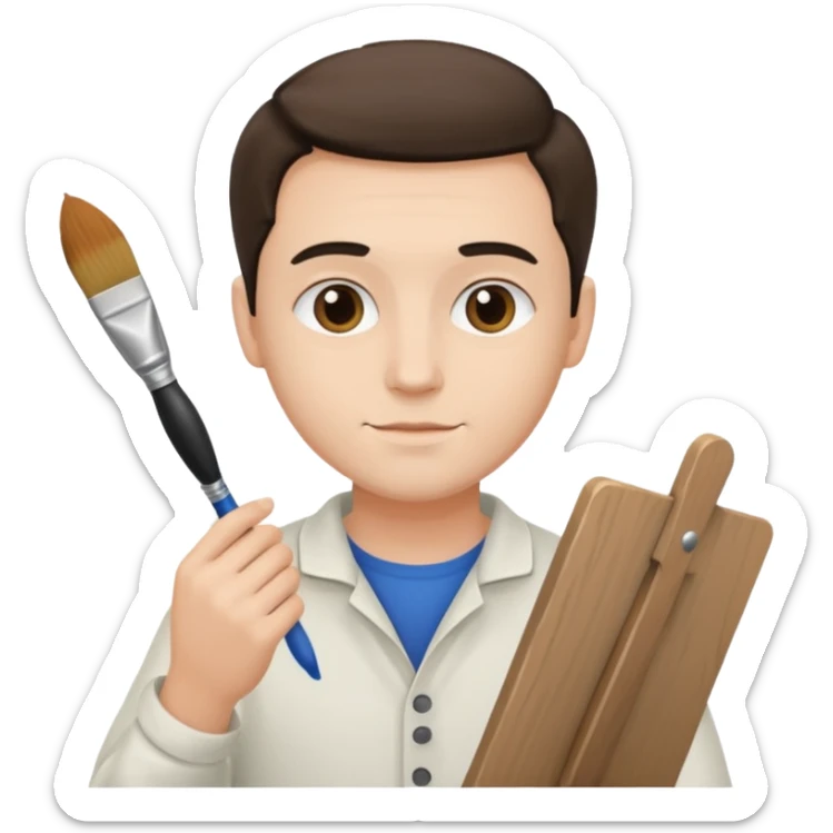 the white artist stands with his back to the painting, painting a portrait sticker