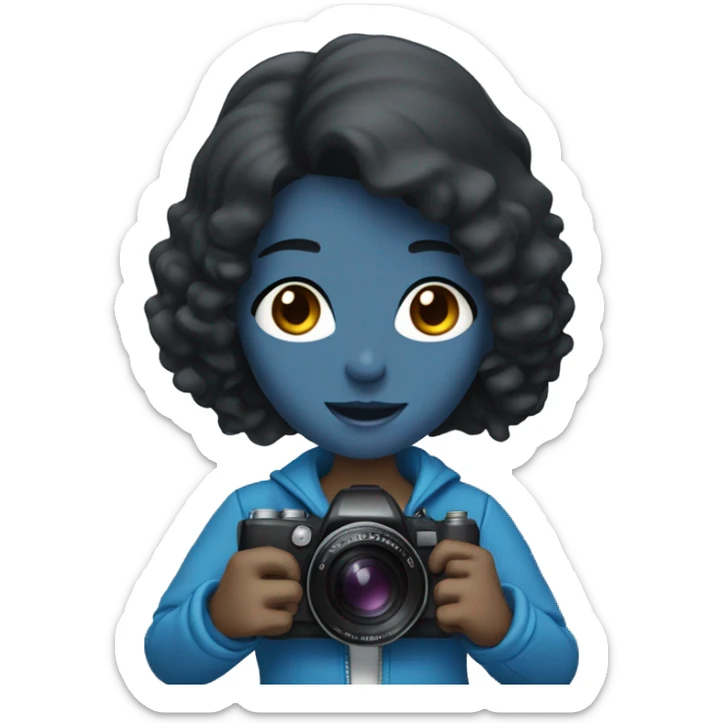 a girl with black hair, in a blue jacket, holding a camera in her hands sticker
