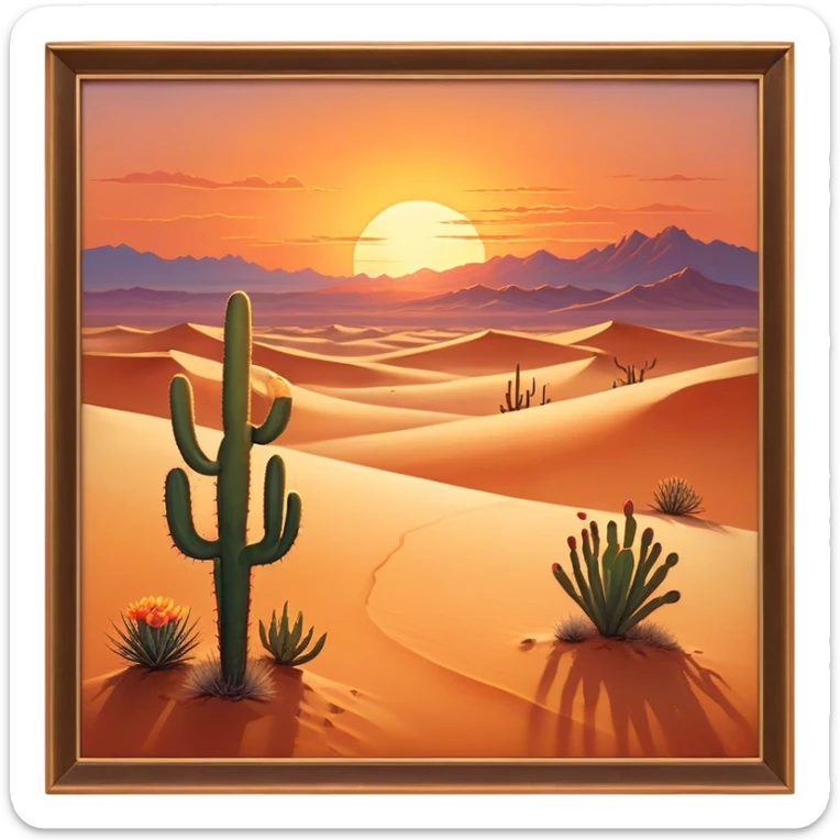 Cinematic Realistic Desert Emoji, Expansive and arid, with vast stretches of golden sand dunes and scattered cacti, the sun casting a warm, almost orange glow over the dry, cracked earth. The horizon blurs into a heat shimmer, while the occasional desert flower adds a splash of color to the barren landscape. Soft glowing outline, capturing the essence of the harsh yet stunning beauty of the desert, calm and quiet, filled with silence and mystery. sticker