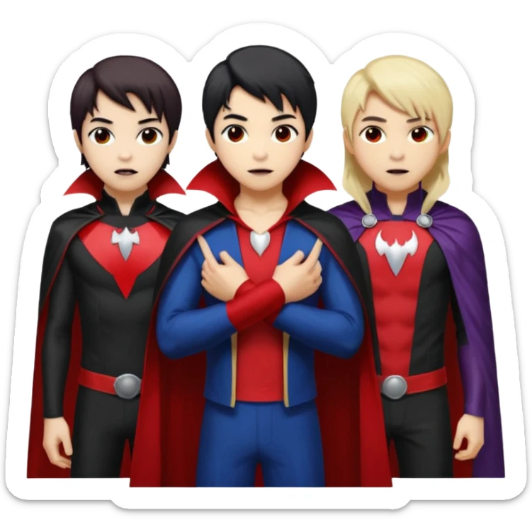 Solo poly platonic relationship, one is south African girl, one is Asian boy, one is biracial features Asian tomboy girl with anime short hair with long hair, vampire and marvel cosplay elements inspired. Could we can less human skin seems so it does not seem racist or something, use marvel colours  sticker