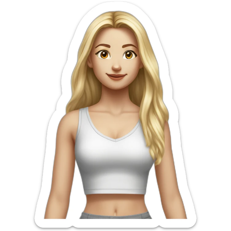 hyperrealist caucasian girl, long straight blonde hair, white v-neck laced crop tanktop, grey tight micro skirt sticker