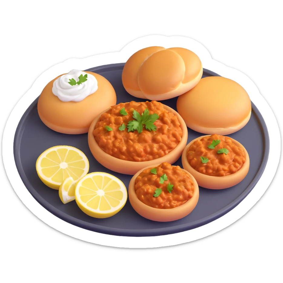 Isometric 3D pav bhaji emoji on steel plate, thick bhaji with butter, two pav buns, onions, lemon wedge, vibrant, shiny, soft shadows, warm plain background sticker