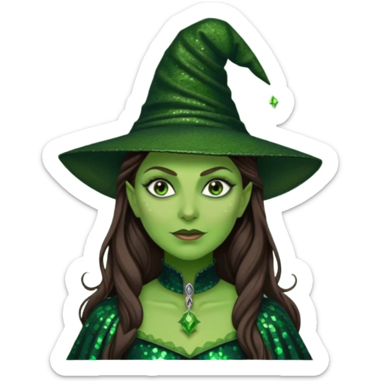 Elphaba, Wicked Witch of the West from The Wizard of Oz with long brown hair, dark green sequin outfit, green skin sticker