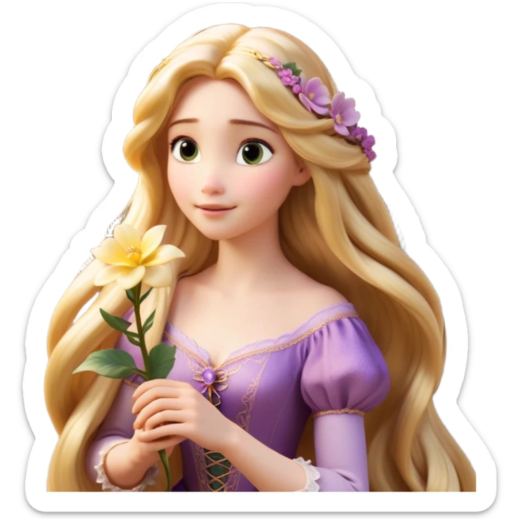 Cinematic Realistic Rapunzel Portrait, with porcelain-like skin featuring a subtle, natural glow, illuminated by soft lighting that brings out the gentle contours of her face. Her long, golden blonde hair cascades in detailed waves, each strand highlighted with a radiant shimmer as it catches the light. She playfully holds a flower in one hand, her other hand resting casually in her lap, with a warm and spirited expression. Her bright, expressive green eyes exude curiosity and warmth, framed by delicate lashes and soft, arched brows. She is dressed in her classic lavender and pink gown, the fabric textured with delicate folds that flow naturally, catching the light with a soft, radiant glow. The portrait captures a luminous, enchanting aura, seamlessly blending realism with a whimsical, fairytale charm, evoking a timeless sense of beauty and magic. sticker