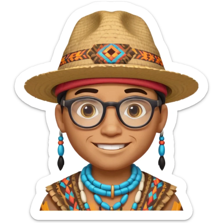cute Indigenous tribal male character portrait, head and shoulders only, wearing glasses, stylish hat, friendly smile, colorful tribal patterns, 3D cartoon, mobile game icon style, clean background, no text, no watermark
 sticker