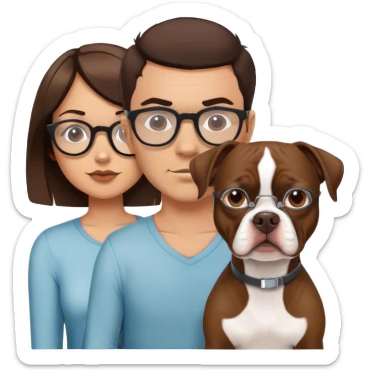 brunette hipster man w wire glasses and brunette girl with bob and a brown pitbull boston terrier  sticker