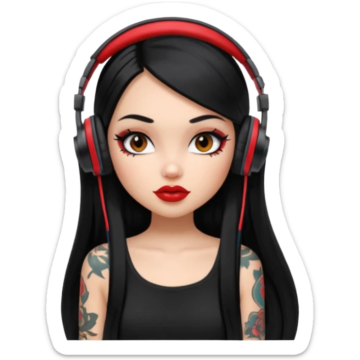 generate a pretty bratz girl with black long straight hair and headphones on, tattoo on shoulder, eyeliner on sticker