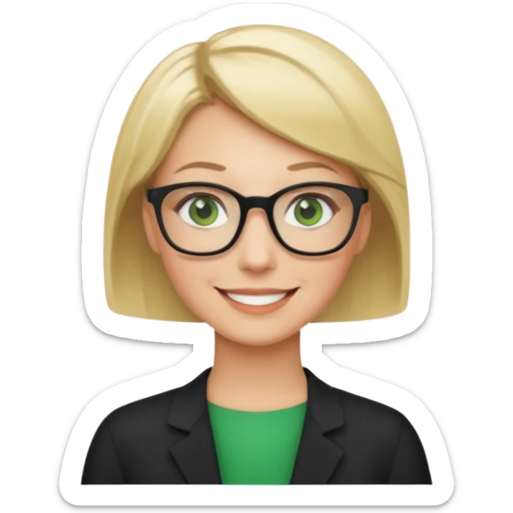 blonde teacher with short hair and green eyes and black glasses smiling sticker
