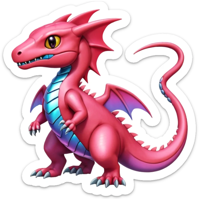 Cute Shiny pink iridescent Guilmon-Salandit-Fakémon-hybrid-creature (full body)  sticker