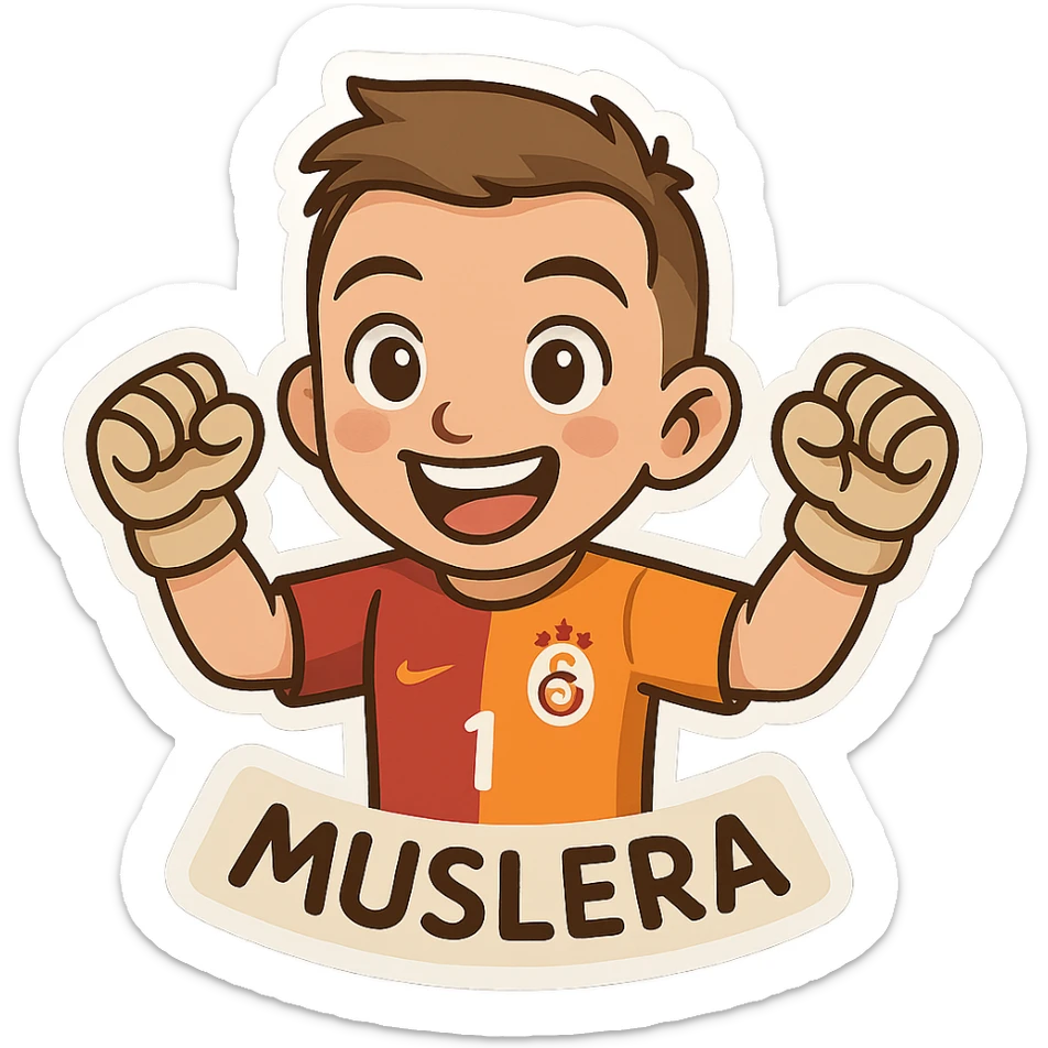 Muslera wearing goalkeeper gloves and Galatasaray jersey, smiling energetically, cartoon style sticker