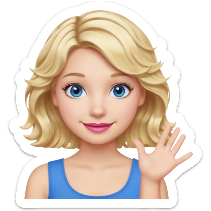Girl Blonde short wavy hair,  blue eyes, cute blue top, long lashes, pink lips, smiling, one hand 🤷🏼‍♀️  sticker