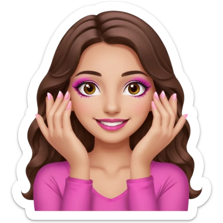 girl with long wavy brown hair, brown eyes, long lashes makeup, sexy pink lips, light to medium complexion, wearing a pink sexy top, smiling, hands covering over the eyes sticker