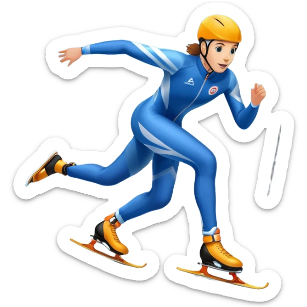 An icon showing a speed skater gliding on a professional oval ice track, captured in mid-motion with aerodynamic posture and sleek skates. The background features snowy mountains, flags, and a clear blue sky. Transparent background reflects the speed and elegance of the sport. sticker