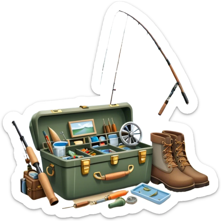 Icon for Fishing: a boat on the shore of a peaceful water body with a beautiful natural landscape, a fishing tackle box, a spinning rod, and boots nearby. The icon should capture the tranquility and gear of a fishing adventure. Transparent background. sticker