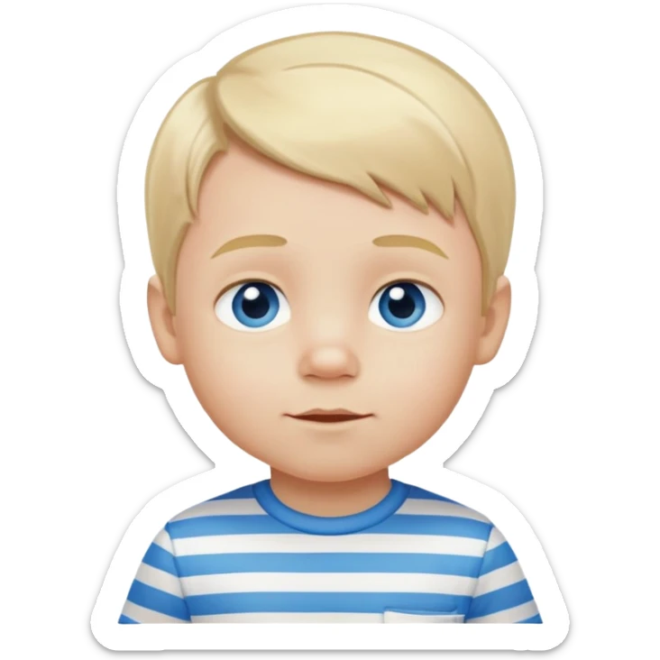 Toddler boy with blonde hair and blue eyes with a white and blue striped shirt on sticker