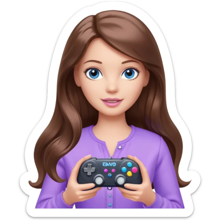 beautiful barbie girl with long brown hair, blue eyes and wearing light purple clothes playing console games with controller sticker