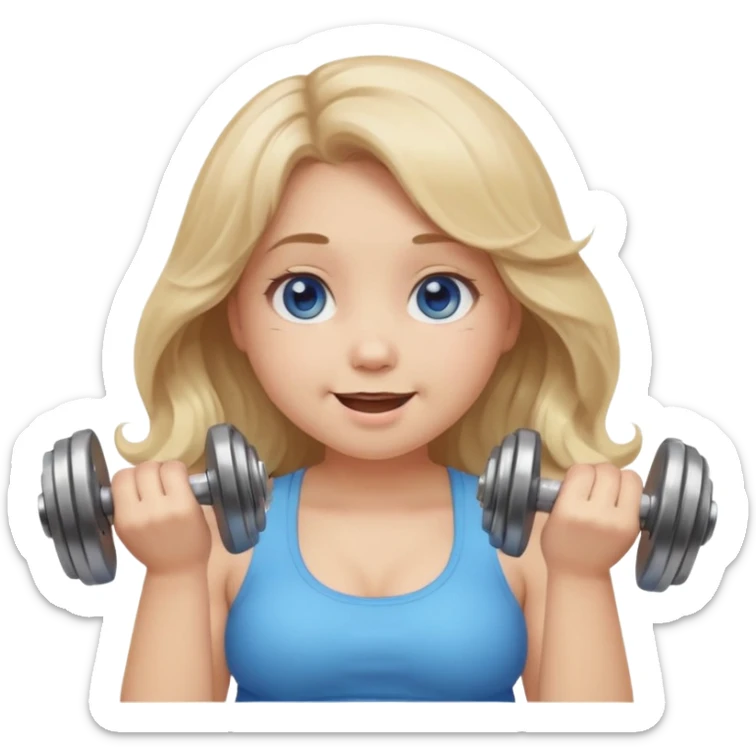 Kawaii emoji girl with big  blue glossy eyes, long wavy dirty blonde hair, happy expression, holding a dumbell, chubby cheeks, soft pastel colors, cozy and sweet aesthetic, clean background. sticker