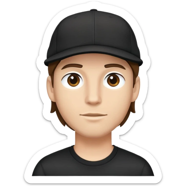 a white bro with brunette hair, wearing a black cap and a black shirt sticker