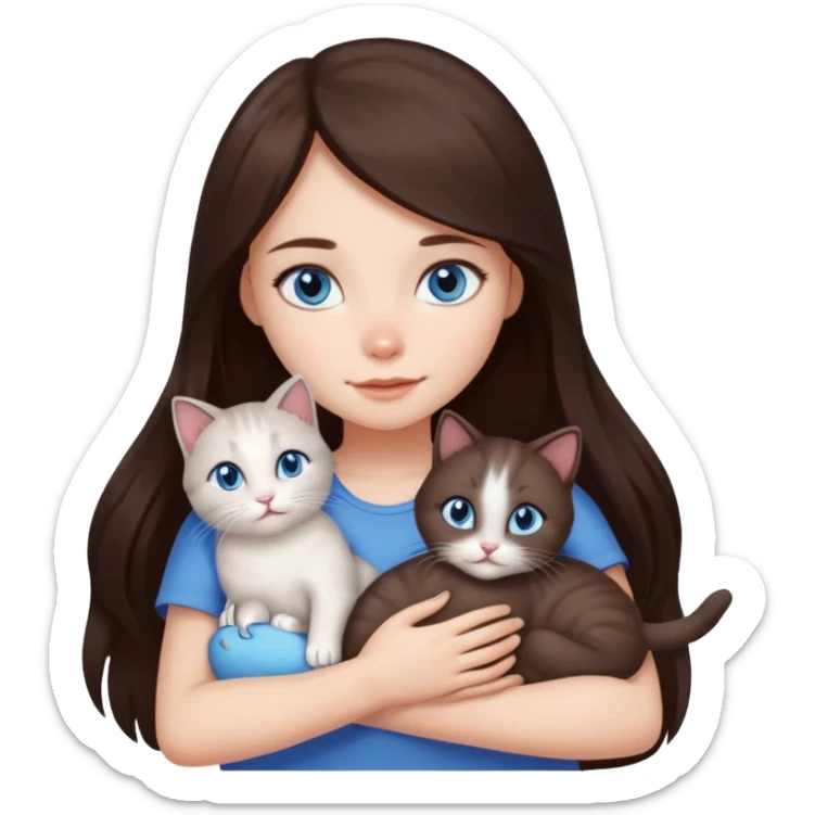 a pretty girl with long dark 
brown hair, with blue eyes, hugs 3 different natural coloured small cats sticker
