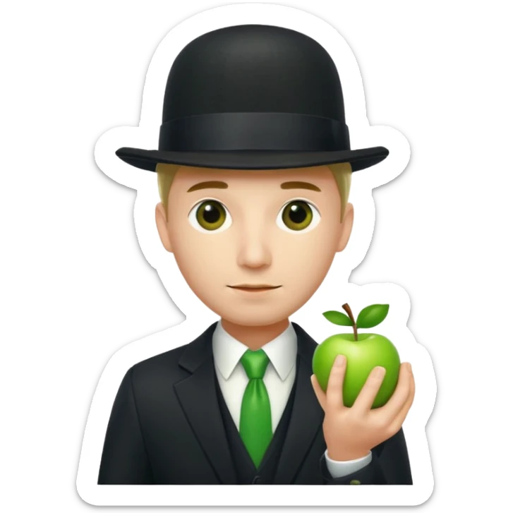homme en costume chapeu melon aven avec une pomme verte qui cache son visage  sticker