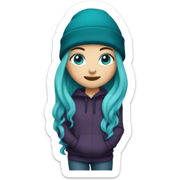 White girl, blue eyes, long teal hair, purple beanie hat, black hoodie, blue jeans, black shoes sticker