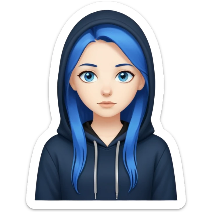 white girl with blue eyes long straight dark blue hair wearing black hoodie sticker