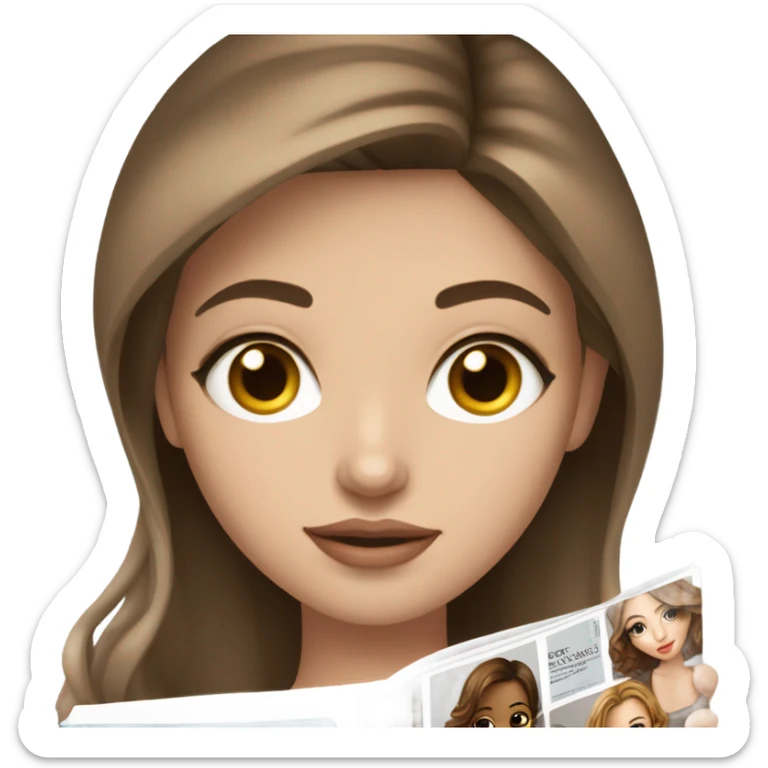 pretty girl with white skin and brown hair reading a fashion magazine with girl on the cover of the magazine sticker