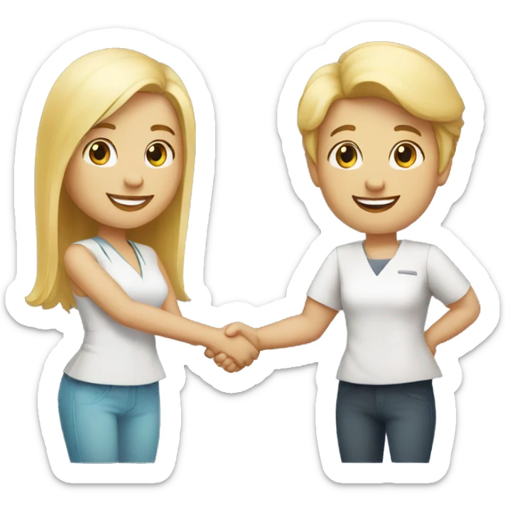 adult restaurant owner with white skin and blogger with white skin and blonde hair shaking hands in full height sticker