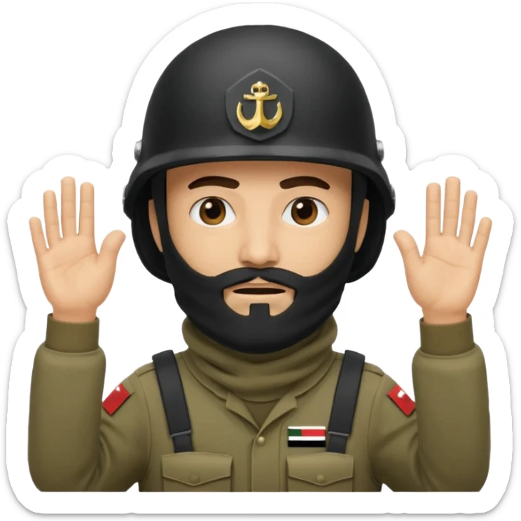 surrenders, depicts an Iraqi soldier from 1980, with a beard, in a helmet, with a balaclava, with a sad face and raised hands sticker