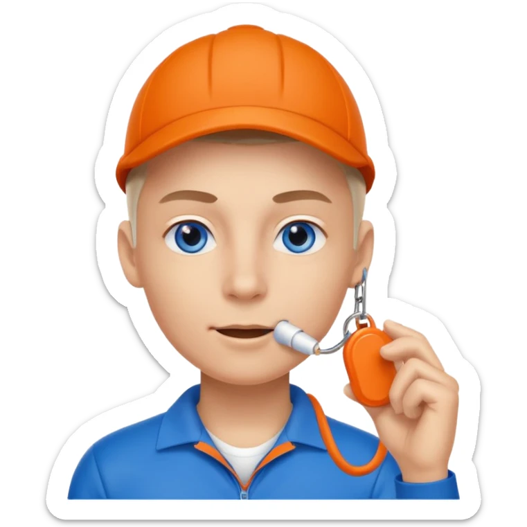 Make a friendly emoji style mascot for Sports Eye. Character will be blue sporty eye with a face, wearing a whistle, symbolizing coach giving guidance. design should be modern, friendly, & energetic, like a sports coach avatar. Primary color #2051E5 small touch of orange. sticker