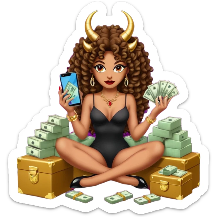 seductress evil brown curly haired sexy drug lord woman with  glitter platform high heels on her feet,  and devil black horns on her head, holding a stack of cash, has a phone in other hand. Sitting on  Cases of drugs. Goddess evil sticker