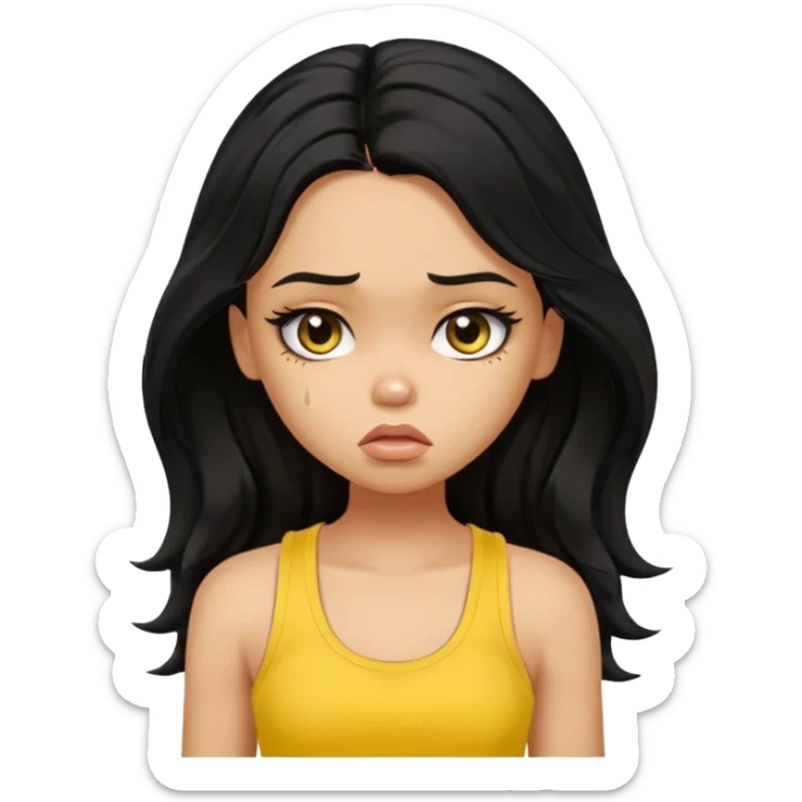 a pretty bratz girl with long wavy black hair, wearing a yellow tank top. looking sad sticker