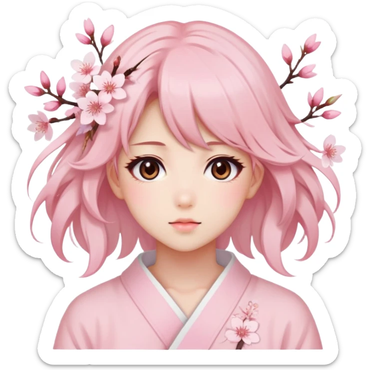 A Gorgeous Beautiful Anime Lady Sakura Cherry Blossom and Pretty Hair, pastelcore aesthetic, pastel pink and white sticker