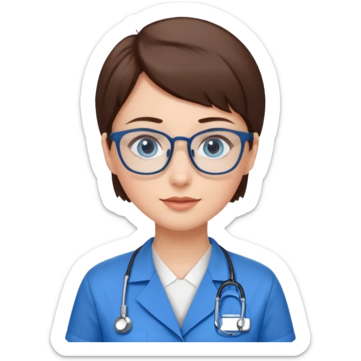 Blue eyes very short brown hair with glasses woman in care assistant blue uniform sticker