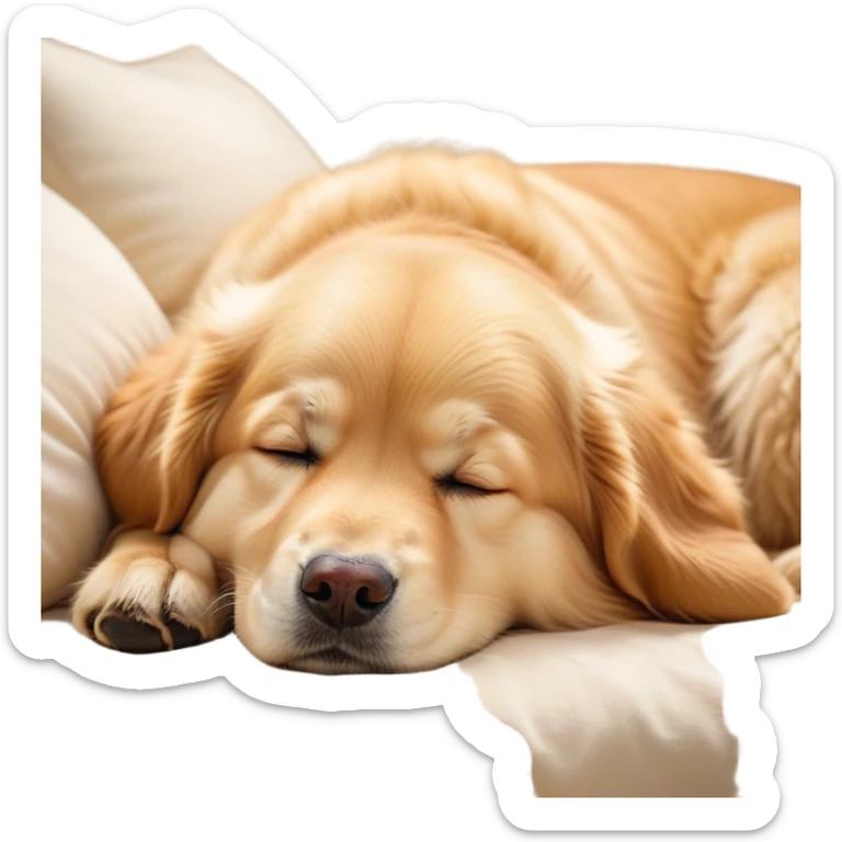Cinematic Chubby Sleeping Golden Retriever Portrait Emoji, Chubby and serene, with a round, adorable build and a soft, fluffy golden coat, eyes gently closed in peaceful slumber, Simplified yet irresistibly endearing features, highly detailed, glowing with a gentle, dreamy glow, high shine, relaxed and content, stylized with a touch of whimsy, bright and heartwarming, soft glowing outline, capturing the essence of a blissfully sleepy pup, so comically serene it feels like it could roll out of the screen and snore with adorable charm! sticker