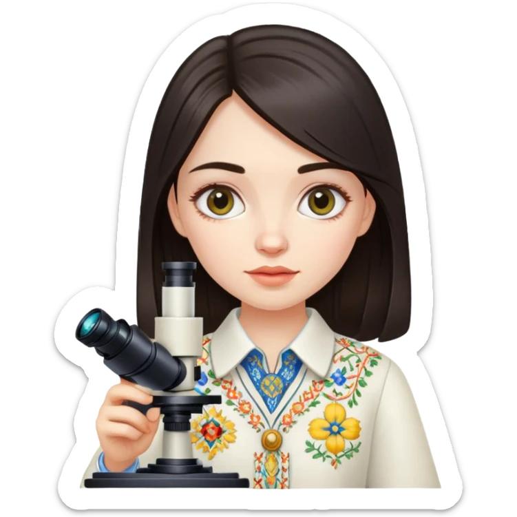 Ukrainian girl with dark hair in traditional embroidered shirt holding a microscope sticker