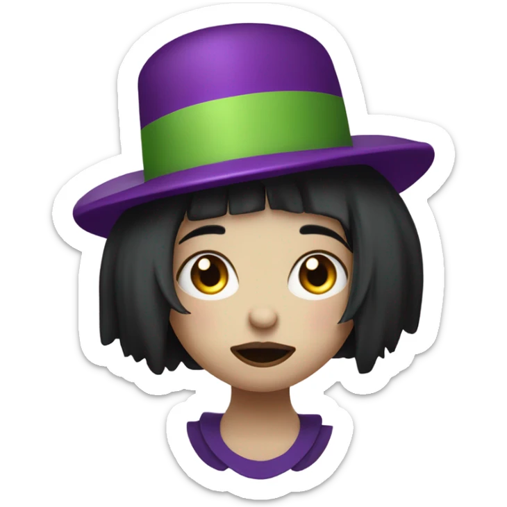 Sad clown girl wearing joker’s hat jesters hat with short chin length straight black hair exaggerated expression on her face  sticker
