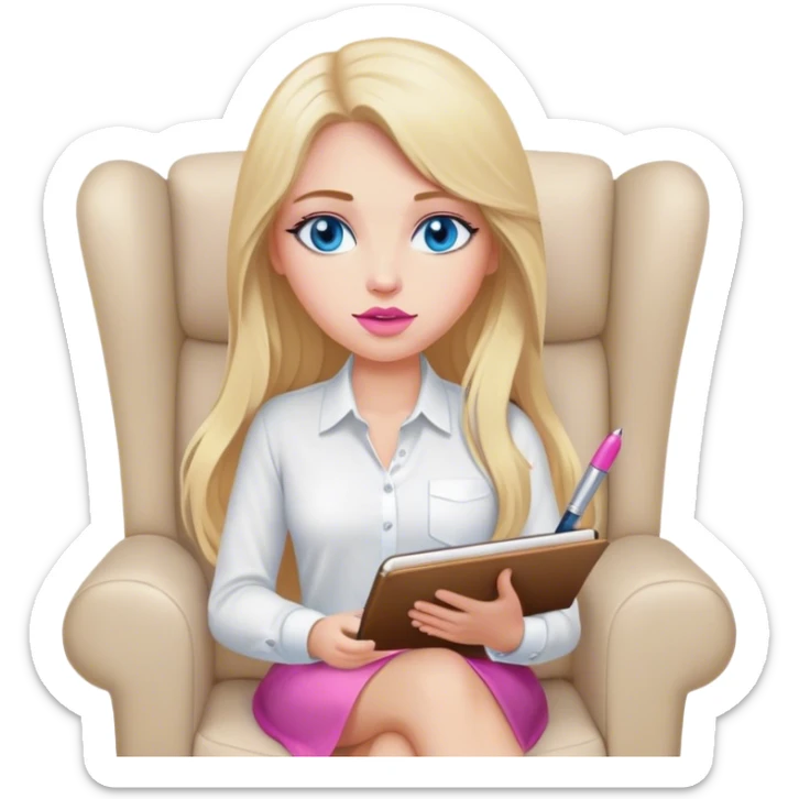 Cinematic realistic blonde with long hair, blue eyes and pink lips, sitting in a beige armchair with a notebook and pen in her handsshirt, sits in a beige armchair with a notebook and pen in her hands sticker
