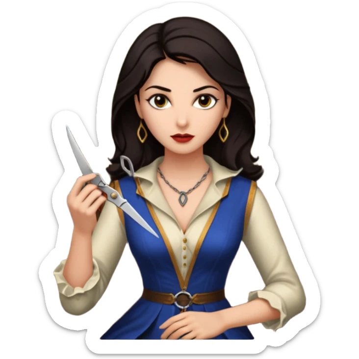Delilah, a beautiful Philistine woman with dark hair and elegant clothing, seated in a dimly lit room. She has a cunning, seductive expression as she holds a pair of scissors, symbolizing her betrayal of Samson. sticker