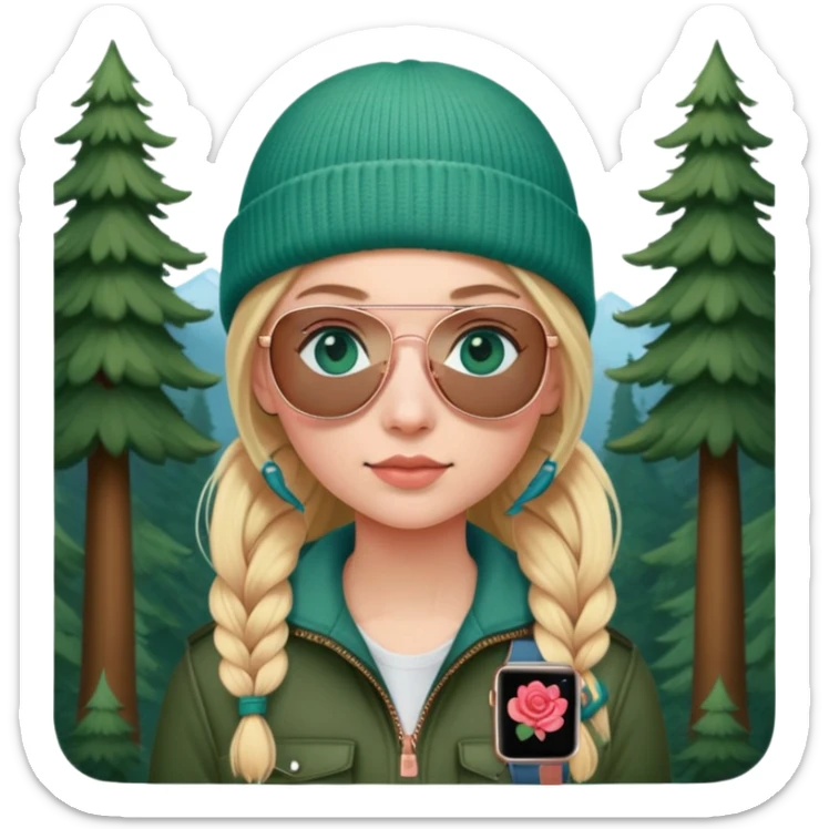 girl with pigtailed blond hair
with blue eyes
and aviator sunglasses
wearing beanie
wearing (rose gold apple watch with forest green band) sticker