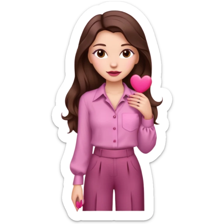  emoji, white person, inspired with brunette hair, brown eyes, long hair, heart shape lips and pink make up  and pink nails, mauve pink blush and brown wide leg pants, burgundy shoulder drop shirt, brown heels , princess hair, brown heels, no floating hearts  sticker