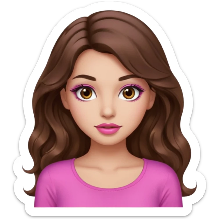 girl with long wavy brown hair, brown eyes, long lashes makeup, sexy pink lips, light to medium complexion, wearing a pink sexy top sticker
