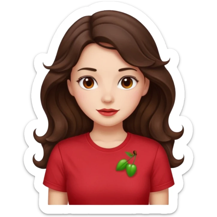 Brunette girl with long wavy hai length hair and blush, wearing cherry red tshirt sticker